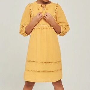 Hayden Girls Mustard Yellow Pom-Pom Peasant Boho Dress Size L NWT
